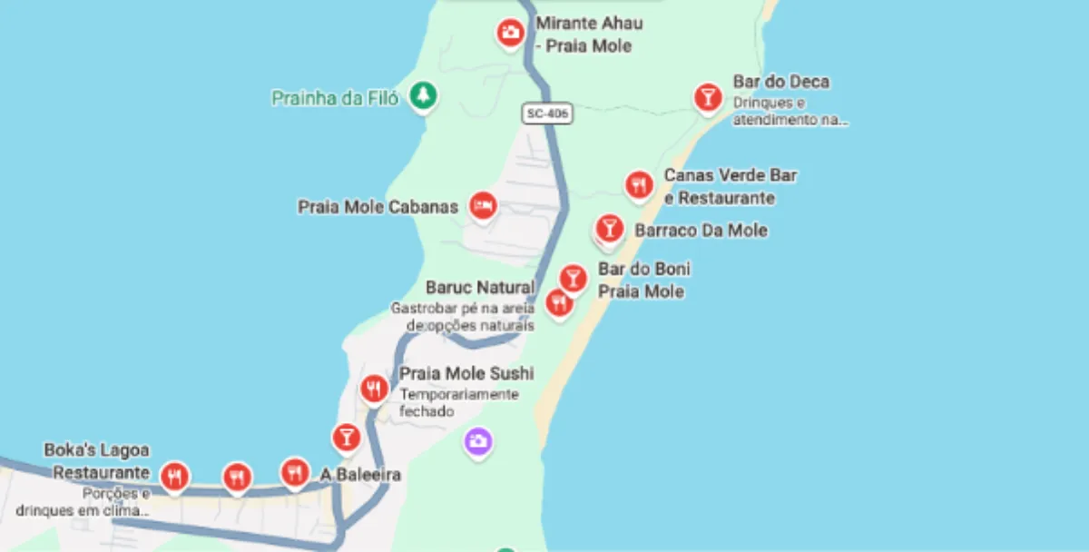 Mapa com opções de restaurantes na Praia Mole