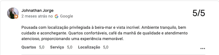 Avaliação de cliente sobre a Pousada dos Sonhos